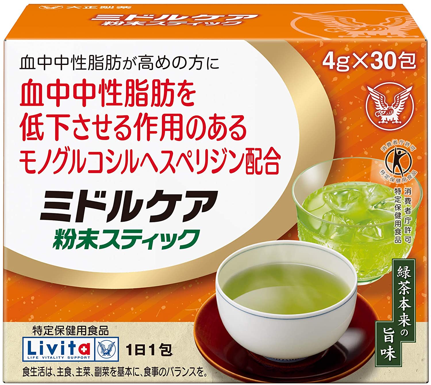 Зеленый чай для снижения уровня триглицеридов Livita Middle Care Hesperidin Green Tea Taisho, 4 гр х 30 шт